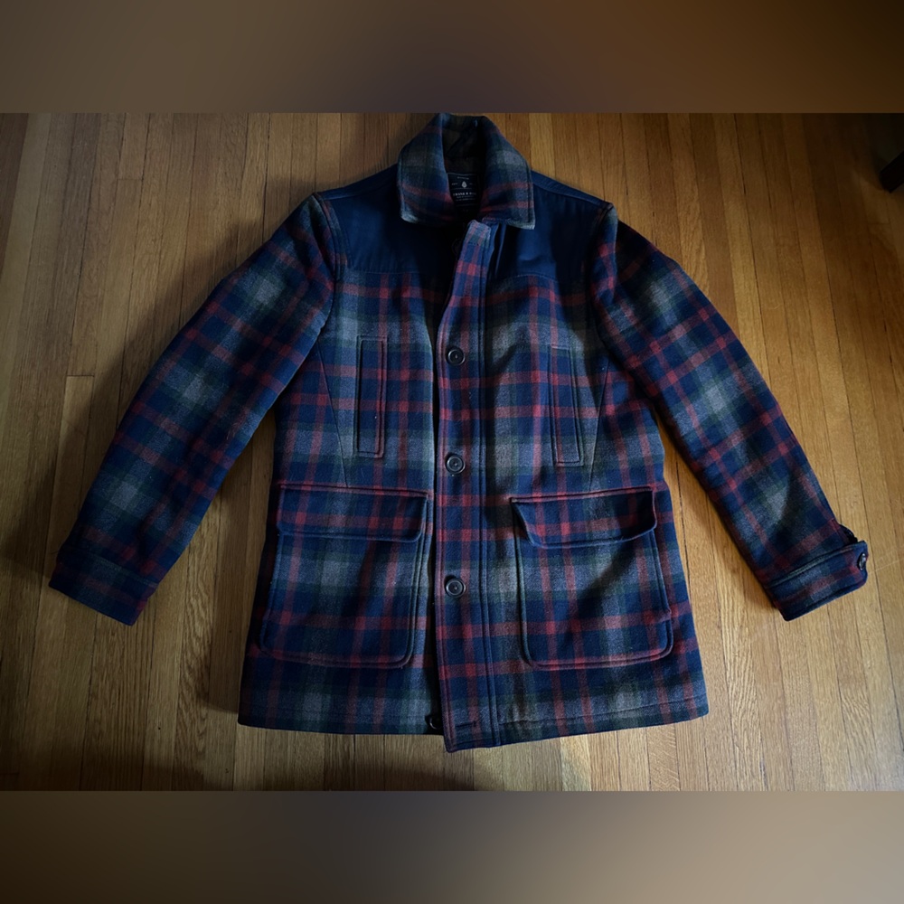 Frank & Oak Checkered Pea Coat - Navy and Burgundy